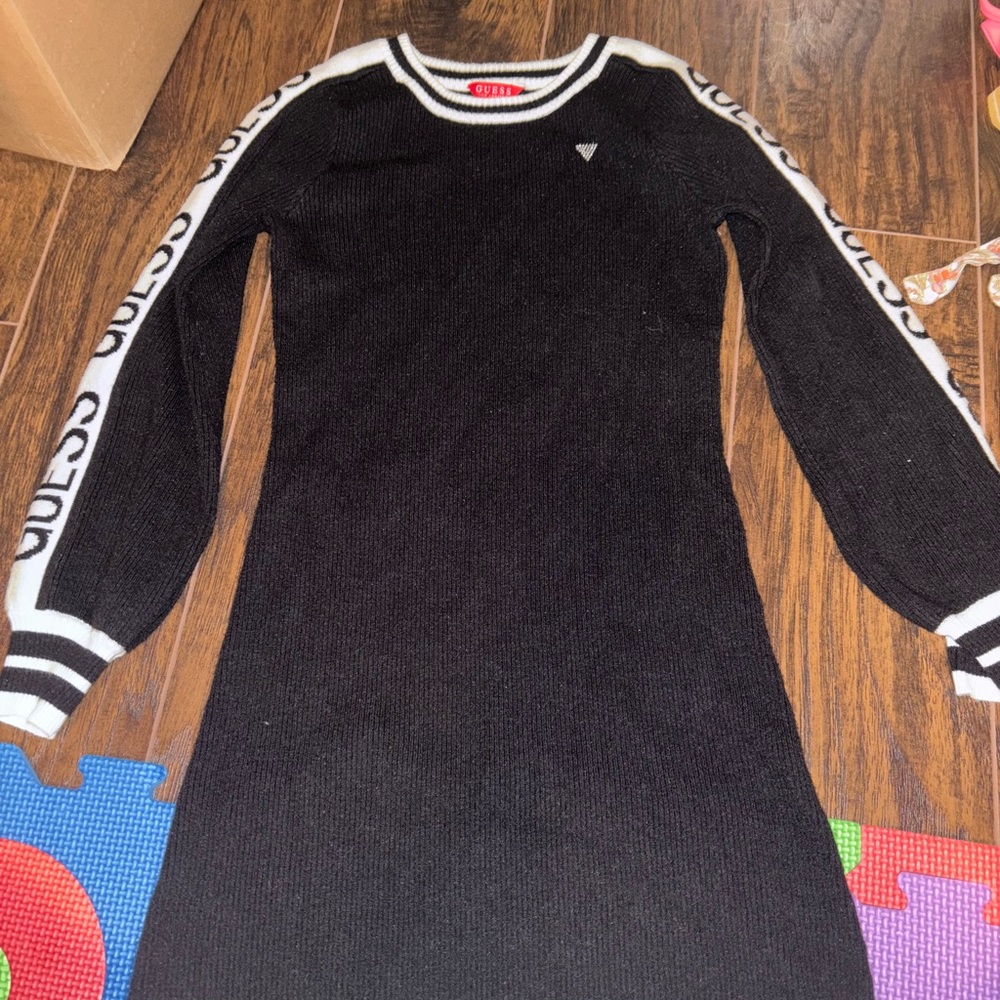 GUESS Black Knit Dress with White Logo Sleeves